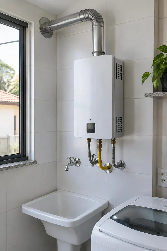 Aquecedor a gás de passagem na área de serviço em Bauru