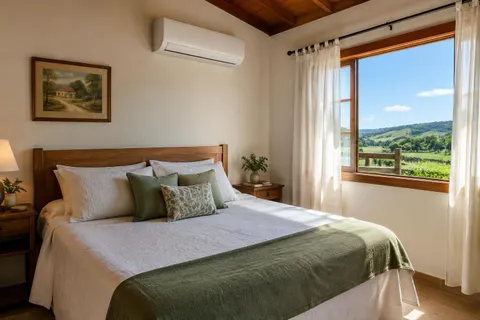 Quarto de casal com split hi-wall instalado no alto da parede em Bauru